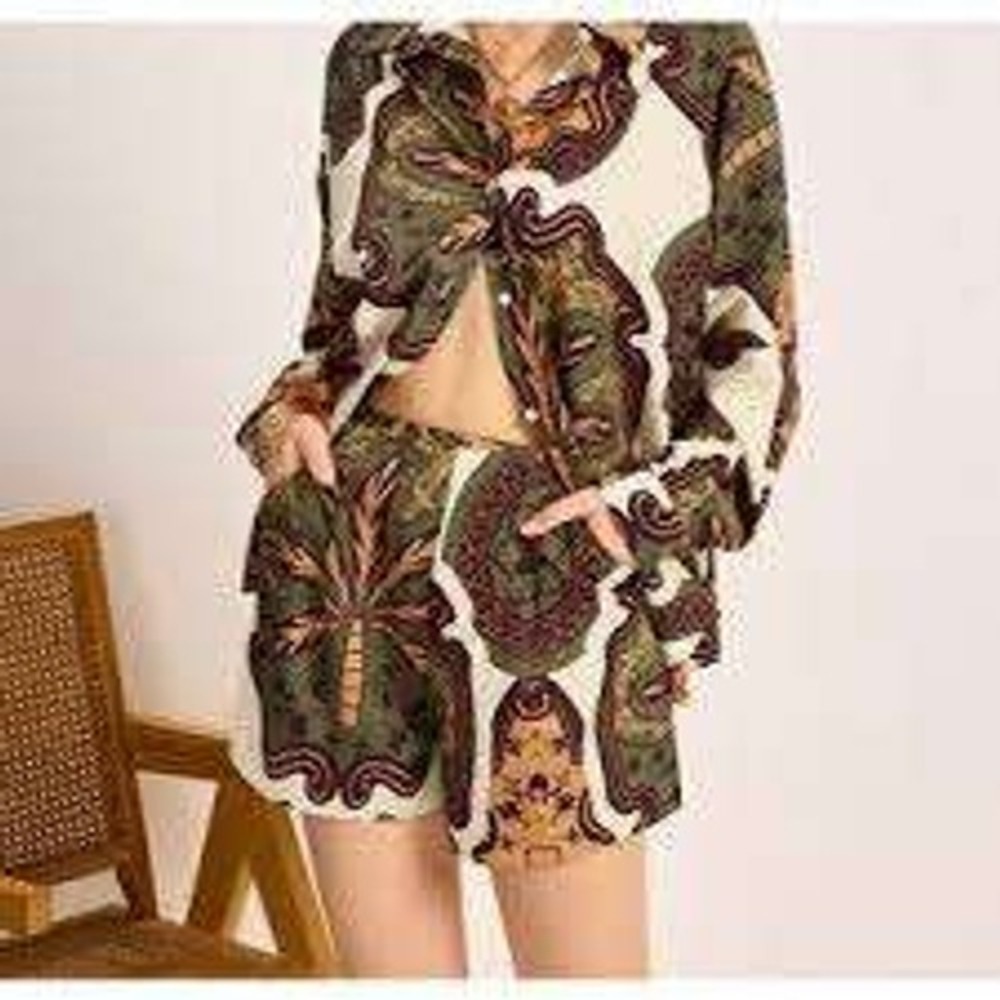 Commense Retro Abstract Palm Print Button Down Shirt Women Medium Earth Tones